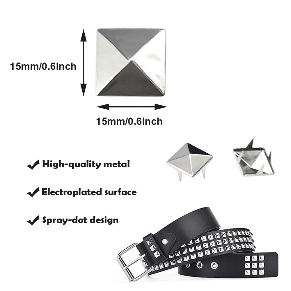 100 Pcs Silver Square Rivets, 15mm Pyramid Studs | Large Punk